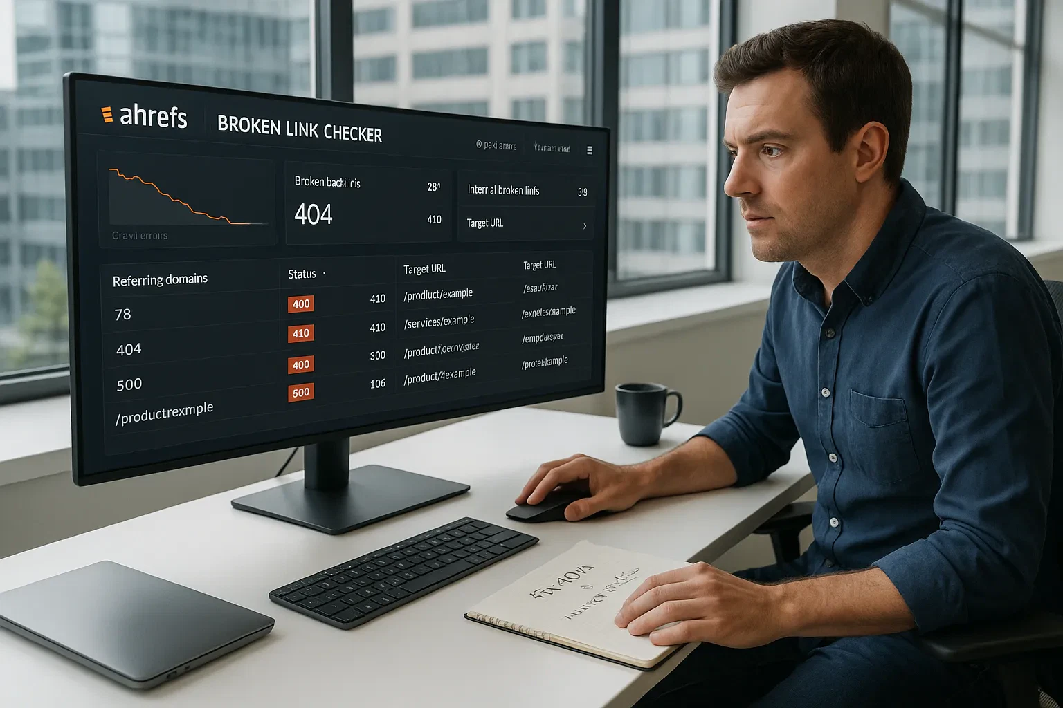 Marketer reviewing Ahrefs broken link checker dashboard showing multiple 404 errors on screen.