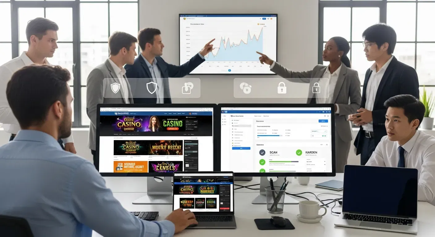 How To Clean WordPress Malware Safely – Step-By-Step Guide For Small Business Sites 3 Team reviewing hacked WordPress site and cleaning malware in a modern office.