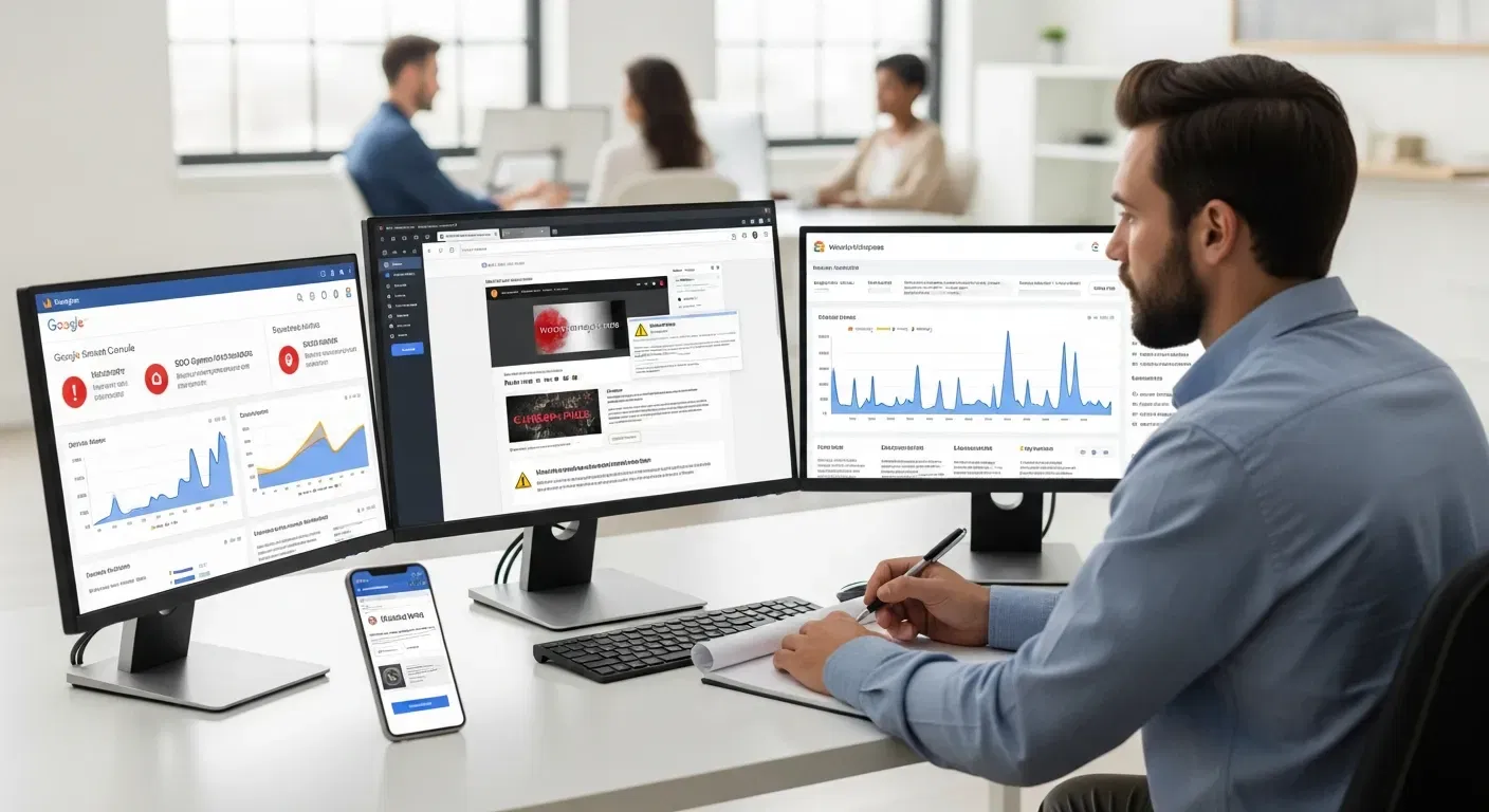 How To Clean WordPress Malware Safely – Step-By-Step Guide For Small Business Sites 4 Professional reviewing hacked WordPress site with malware alerts and server spikes on monitors.