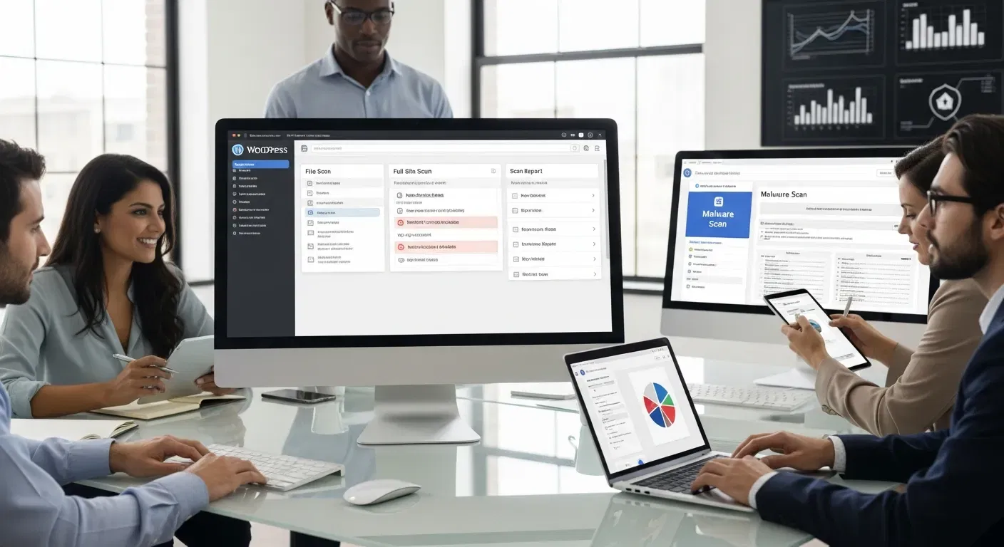 How To Clean WordPress Malware Safely – Step-By-Step Guide For Small Business Sites 5 Professional team scanning a WordPress site for malware using security tools on screens.