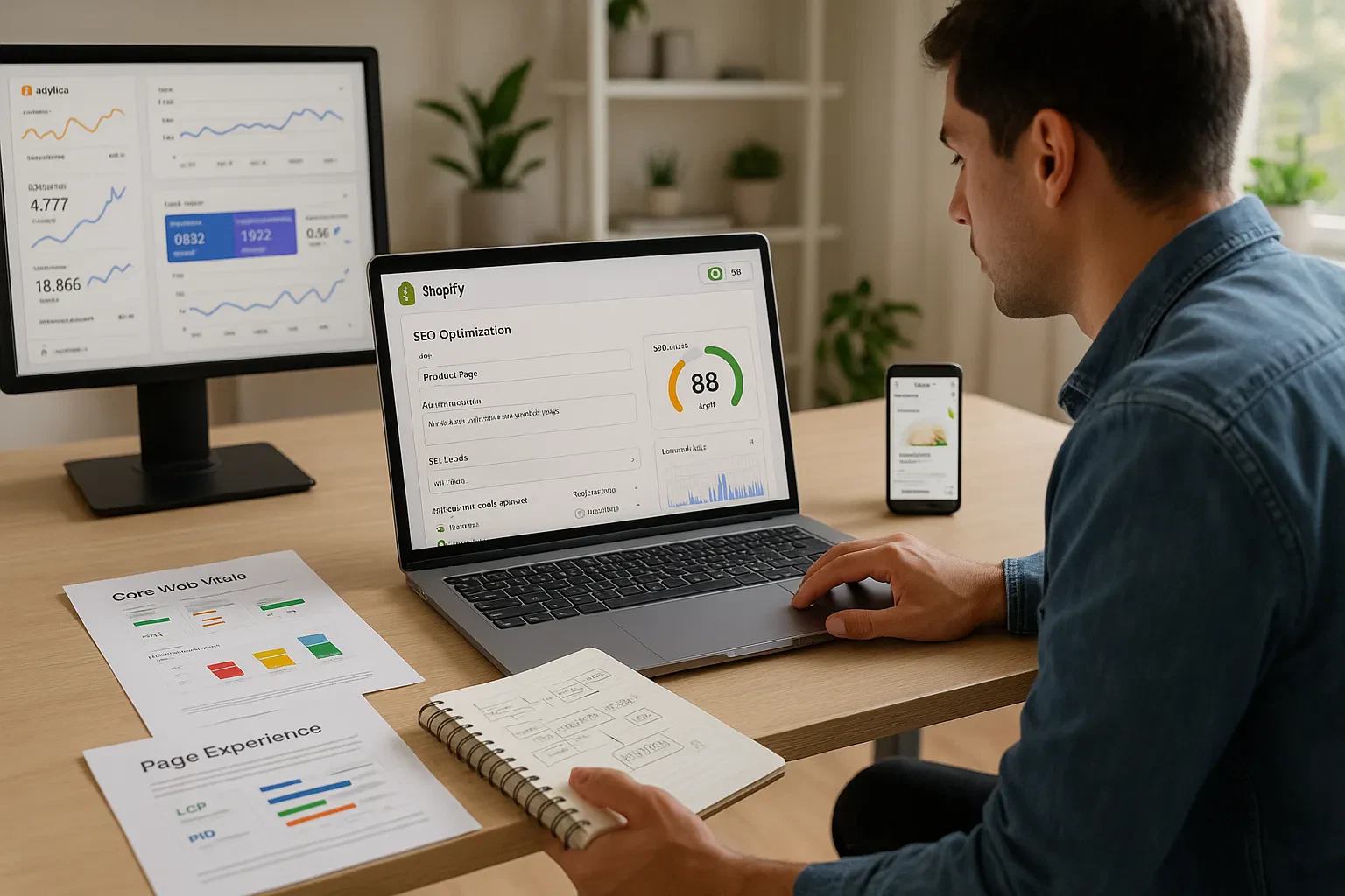 Marketer optimizes a Shopify store’s SEO and analytics on a laptop in a home office.
