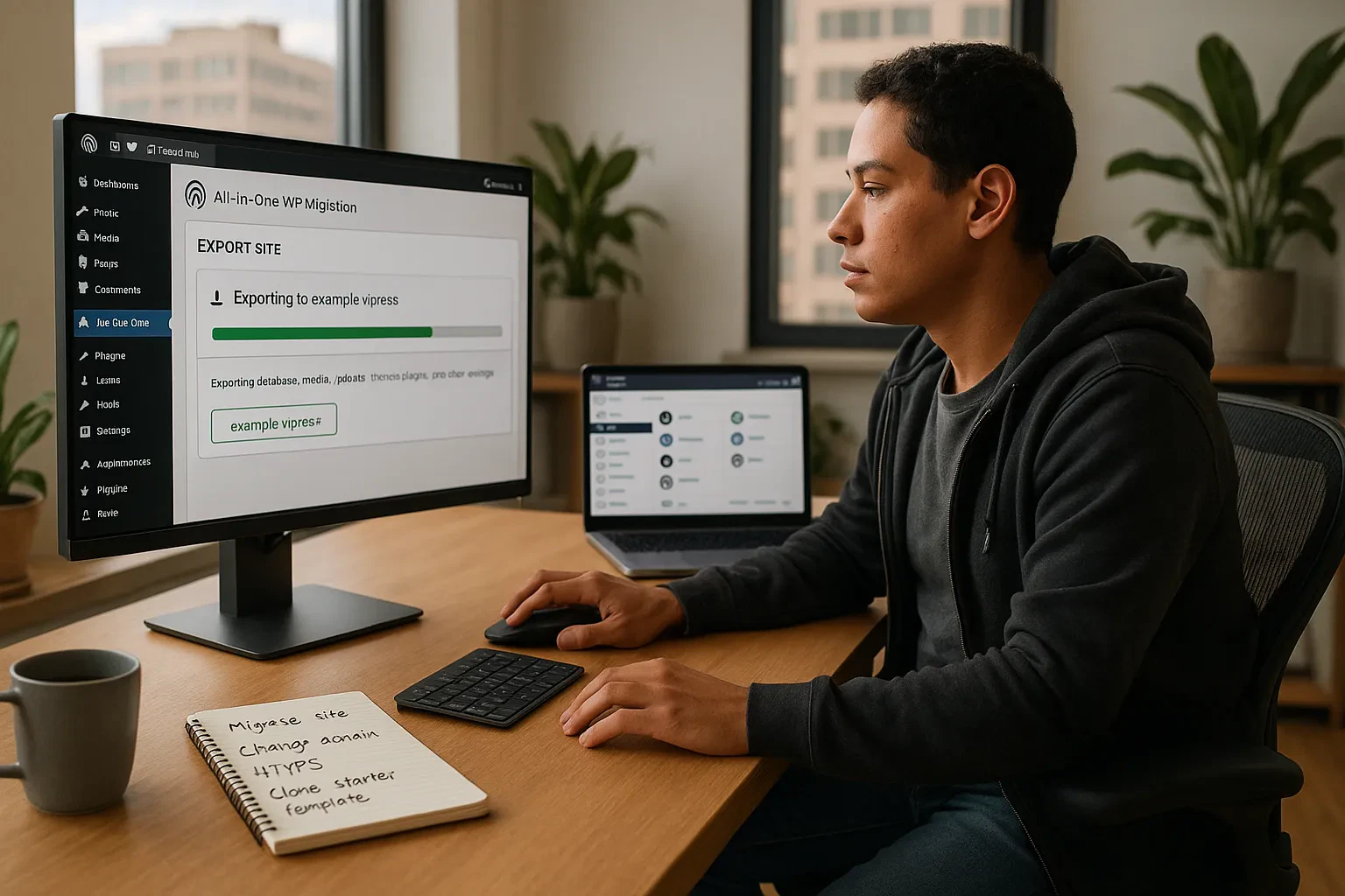 Web developer using the All In One WordPress Migration plugin on a desktop.