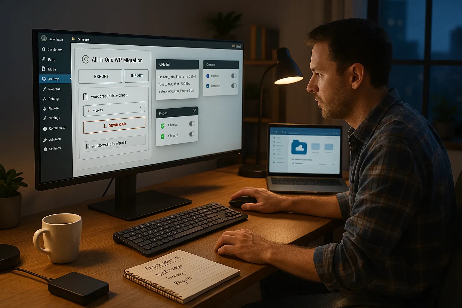 Developer preparing WordPress site for migration with backup plugin and settings open.