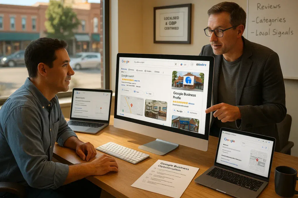 Google Business Profile Optimization Services: The Complete Guide 2 consultant showing a small business owner an optimized google business profile on screen