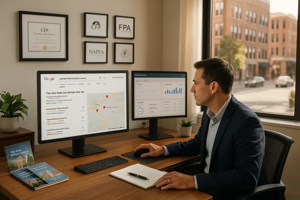 Local SEO For Financial Advisors: A Practical Guide To Getting Found In Your City 2 financial advisor in u s office optimizing google local seo to attract nearby clients