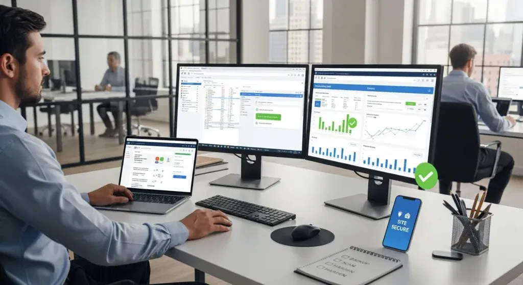 How To Clean WordPress Malware Safely – Step-By-Step Guide For Small Business Sites 2 it professional cleaning wordpress malware on dual monitors in a modern office