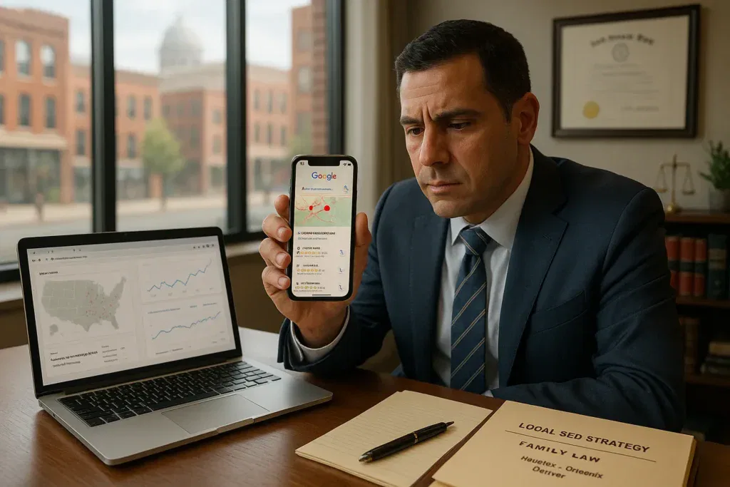 attorney in u s office reviewing google local search results for law firm visibility