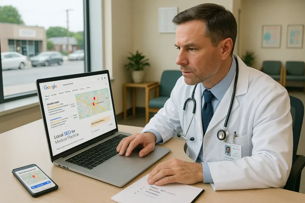 doctor in u s clinic reviewing google local search results for his practice