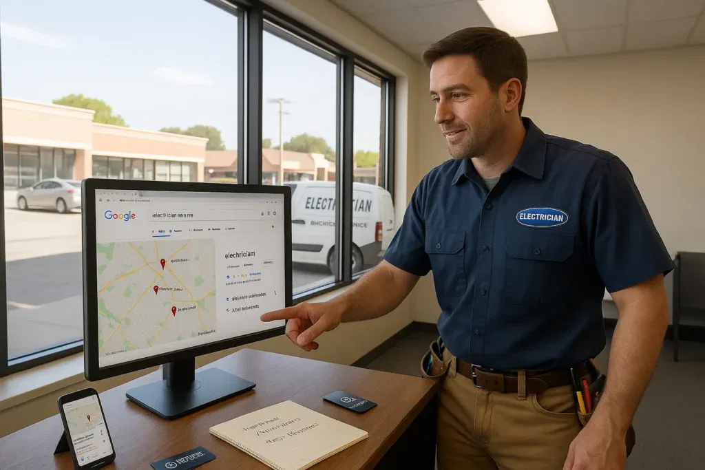 electrician in u s office checking his business in google local map results