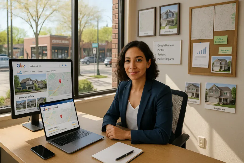 real estate agent in u s office reviewing local google search results on laptop