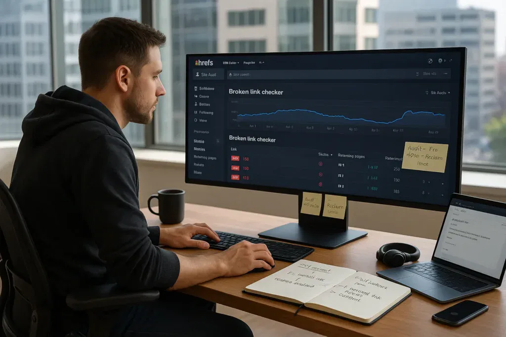 marketer using ahrefs broken link checker on a desktop in a modern office