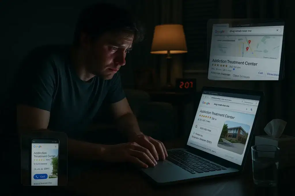 an anxious person searches drug rehab near me at 2 a m on a laptop