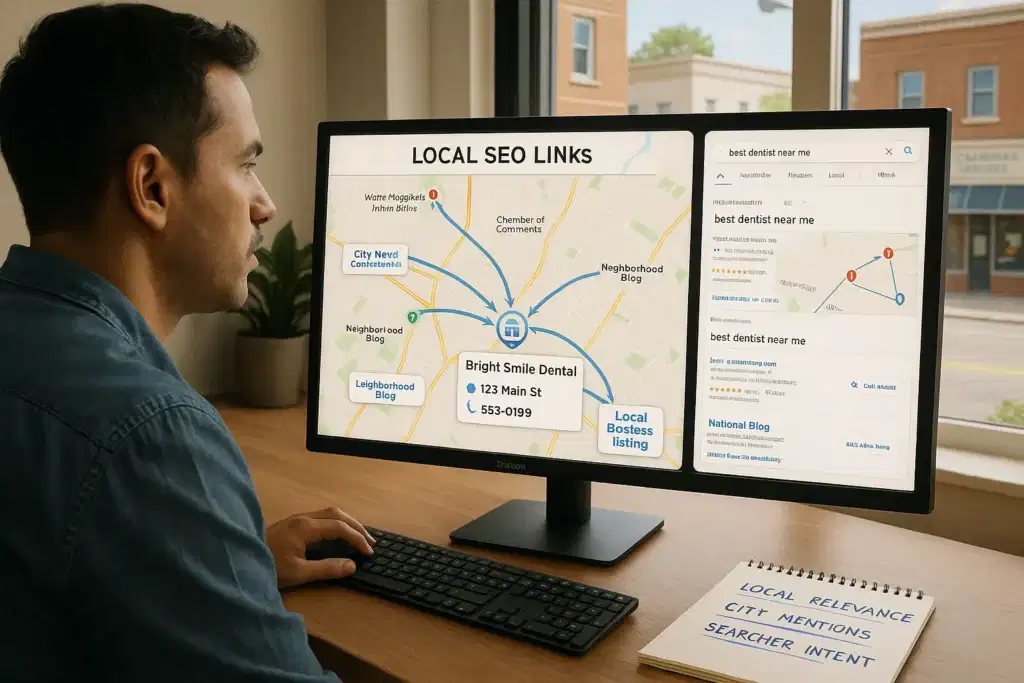 marketer analyzing local seo links on a city map and local search results