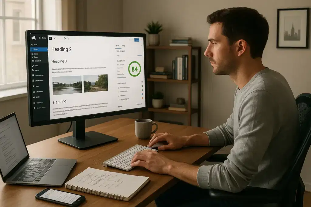 marketer using rankmath seo checker in wordpress on a desktop computer