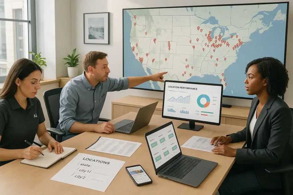 marketing team managing local seo performance for multiple u s franchise locations