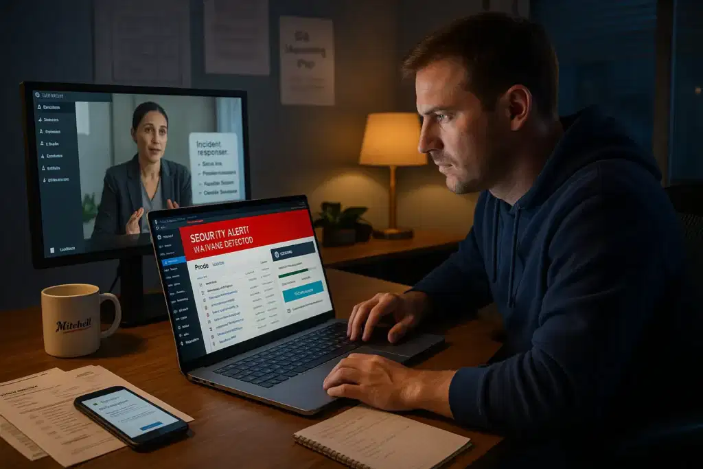 small business owner cleaning a hacked wordpress site with a security expert on zoom