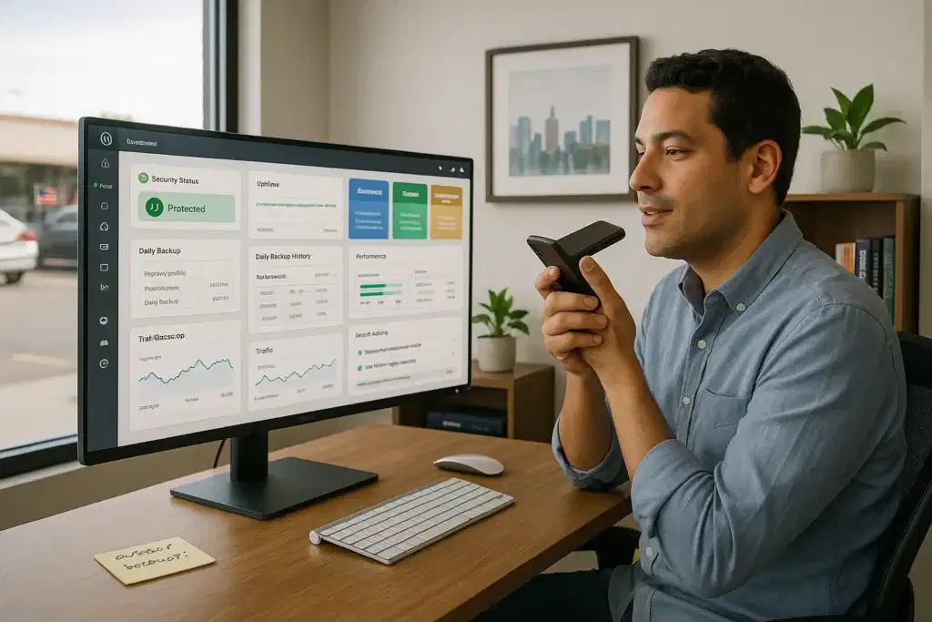 small business owner reviews secure wordpress care plan dashboard in a modern us office