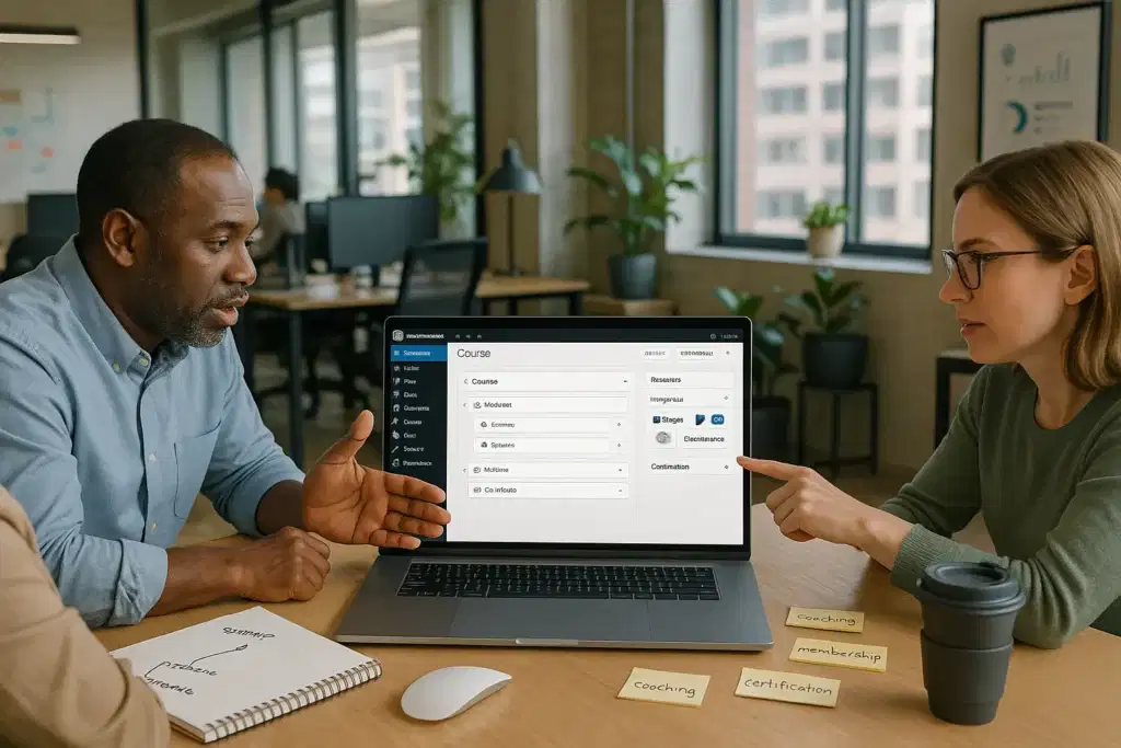 team reviews wordpress course builder and lms options on a laptop in modern office