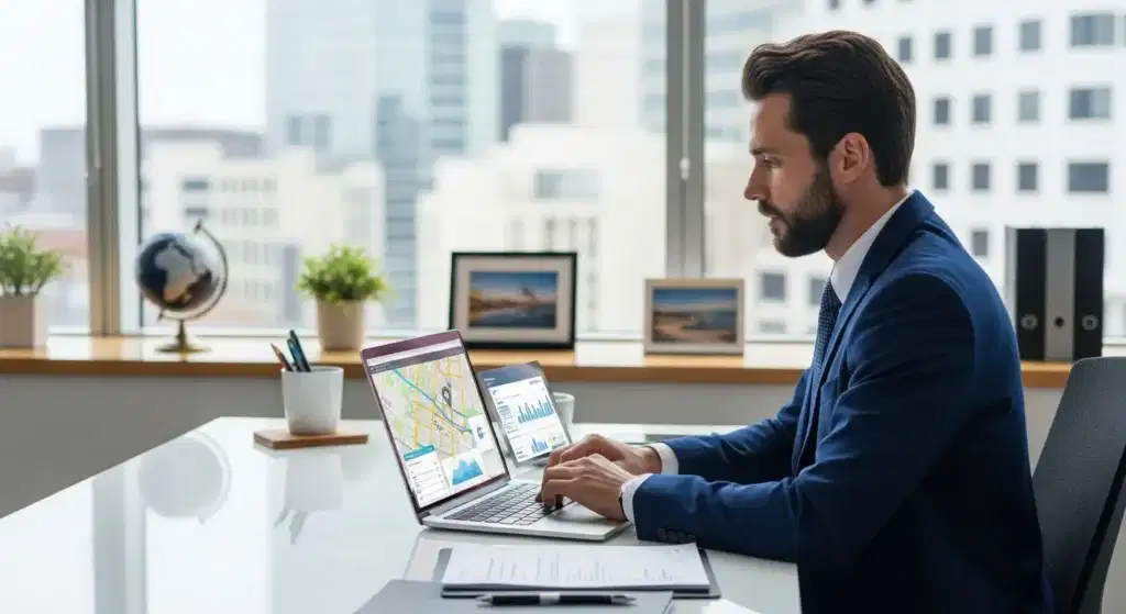 travel agent analyzing local search map data on a laptop in a modern office