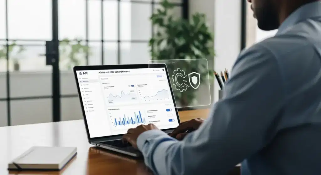 web professional configuring admin and site enhancements settings on a laptop in a modern office