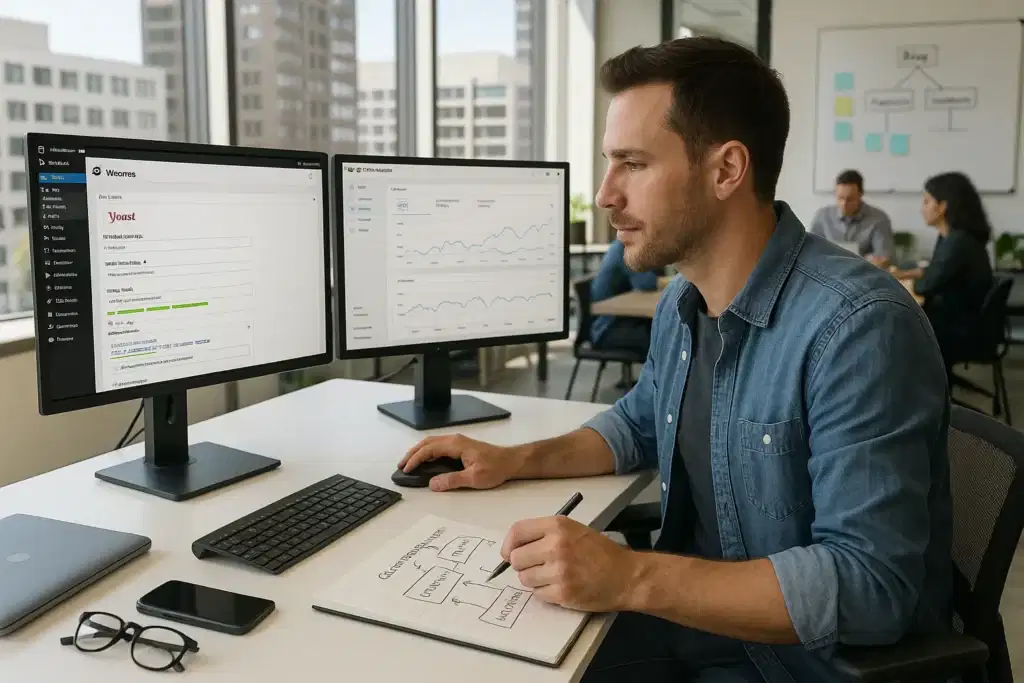 yoast seo expert optimizing wordpress settings on dual monitors in a modern office