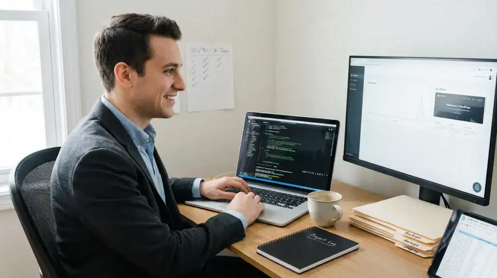 27 year old professional learning to code at a modern home office desk