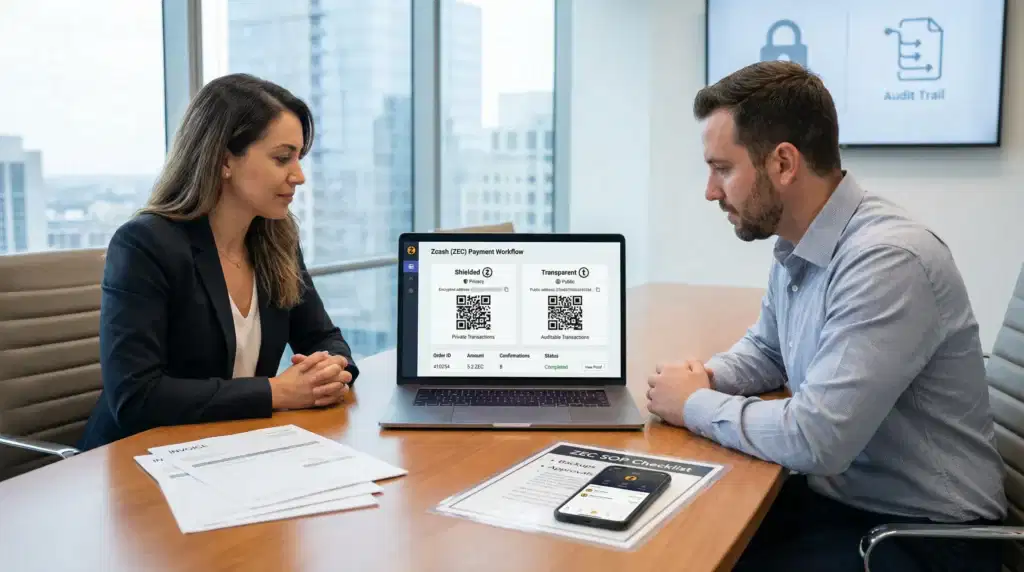 business team reviewing zcash shielded and transparent payments on a laptop