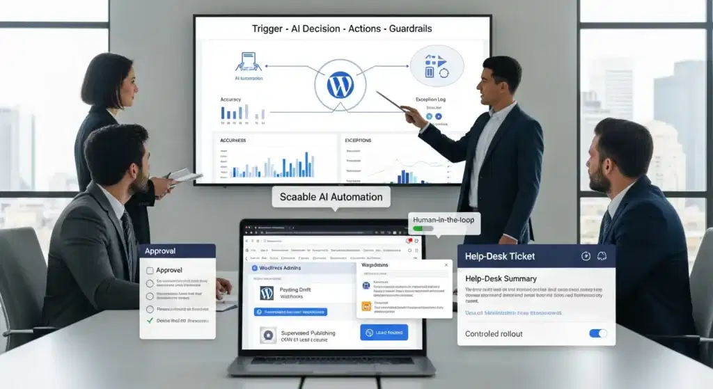 business team reviews ai automation workflow dashboards with human approval in modern office