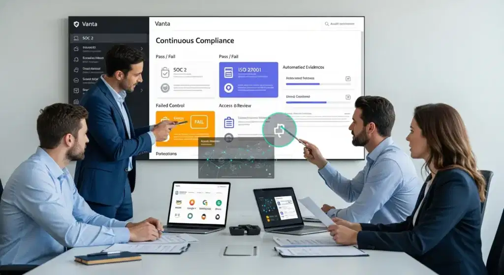compliance team reviewing vanta dashboard with soc 2 controls and integrations