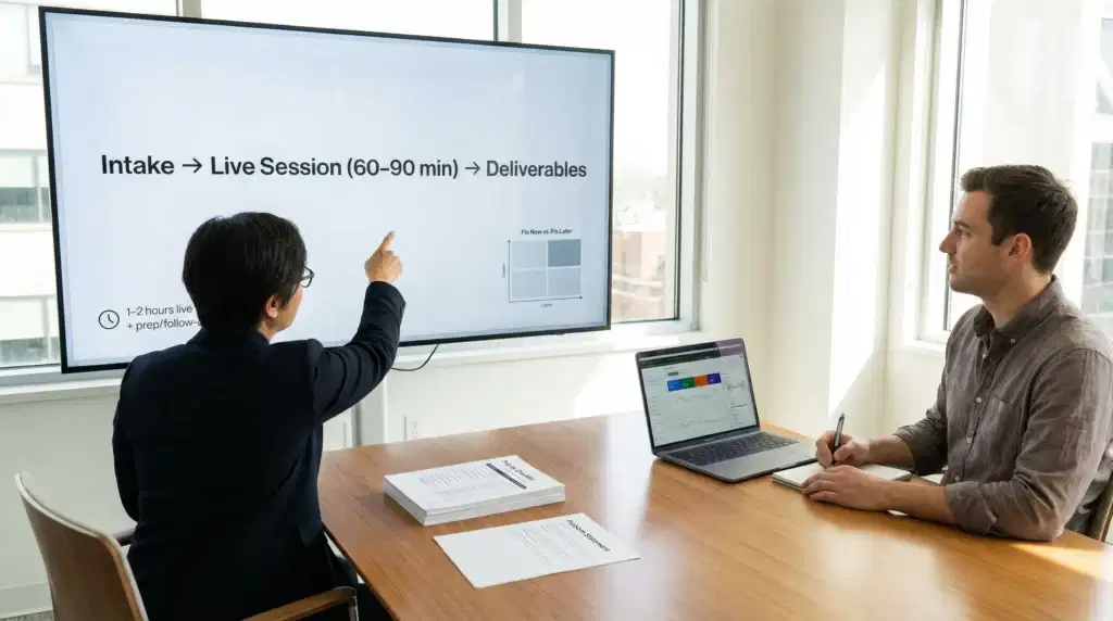 consultant and founder reviewing website consultation timeline and analytics in a modern office