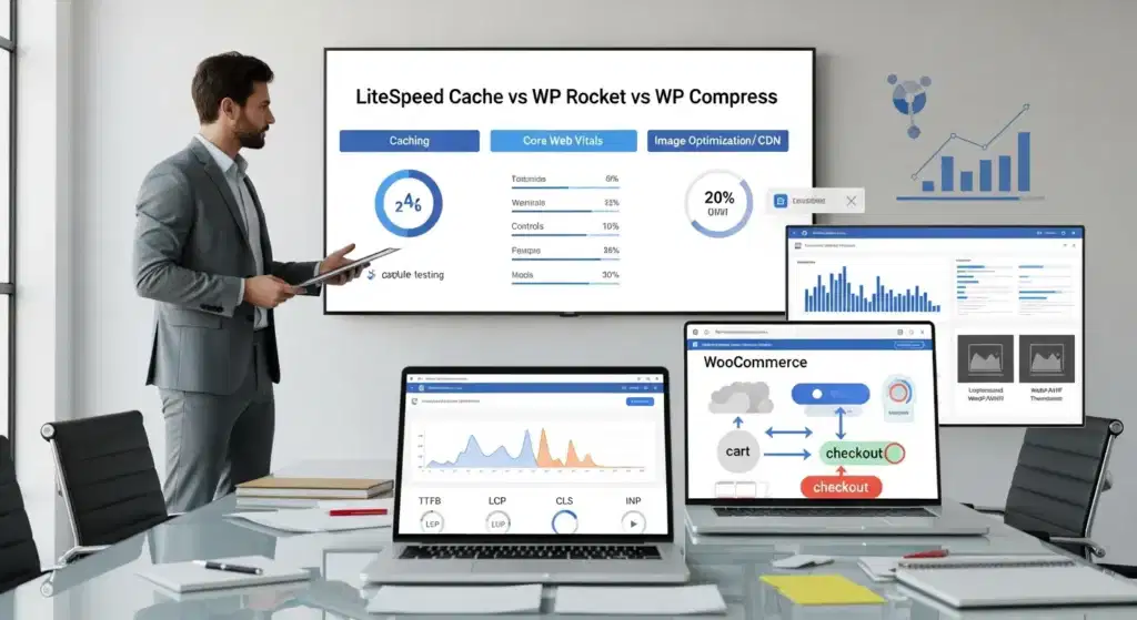 consultant compares litespeed cache wp rocket and wp compress performance dashboards