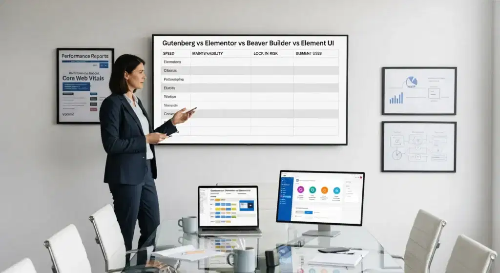 consultant presenting gutenberg elementor beaver builder and element ui comparison chart