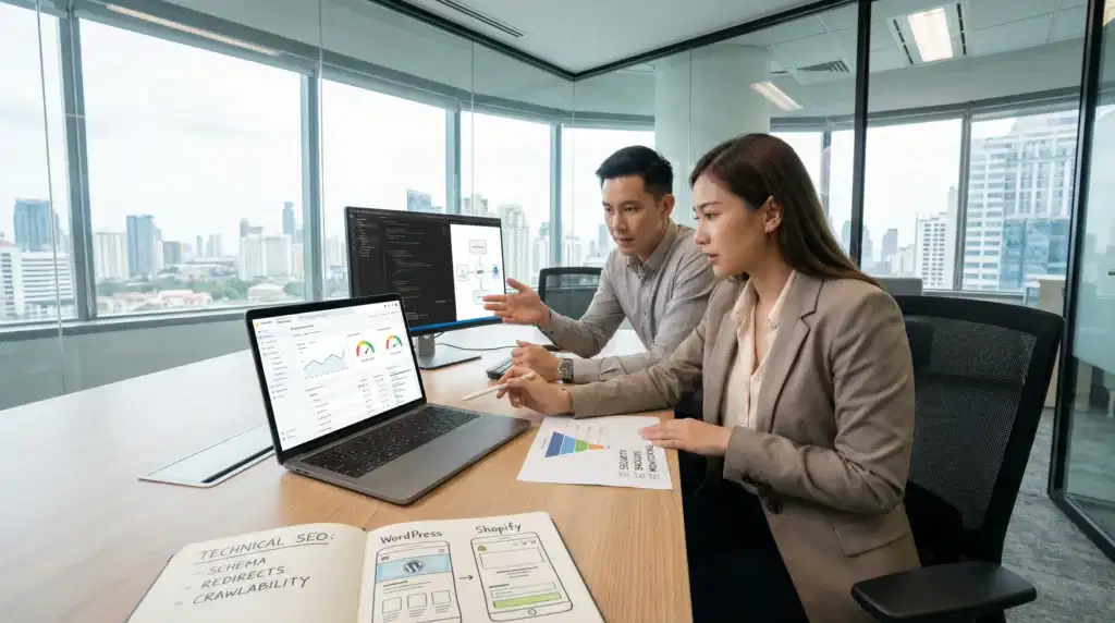 developer and marketer reviewing website checkout speed and security dashboards in office