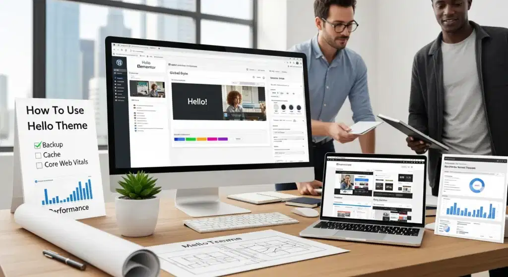 developer setting up wordpress hello theme with elementor templates and global styles