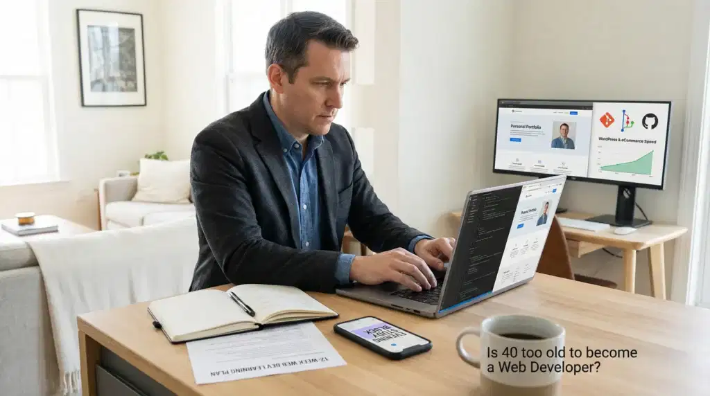 Homem de 40 anos, empenhado em aprender desenvolvimento web num portátil em casa