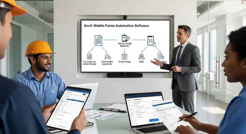 manager demonstrates mobile forms automation workflow with tablet approvals and e signature