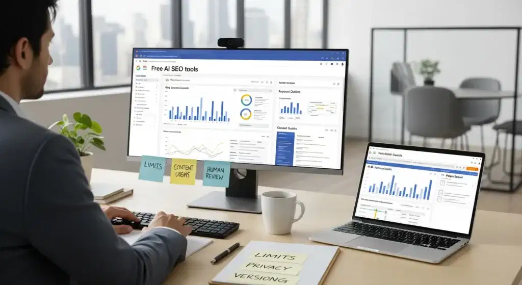 marketer reviewing free ai seo tools stack on dashboards in modern office