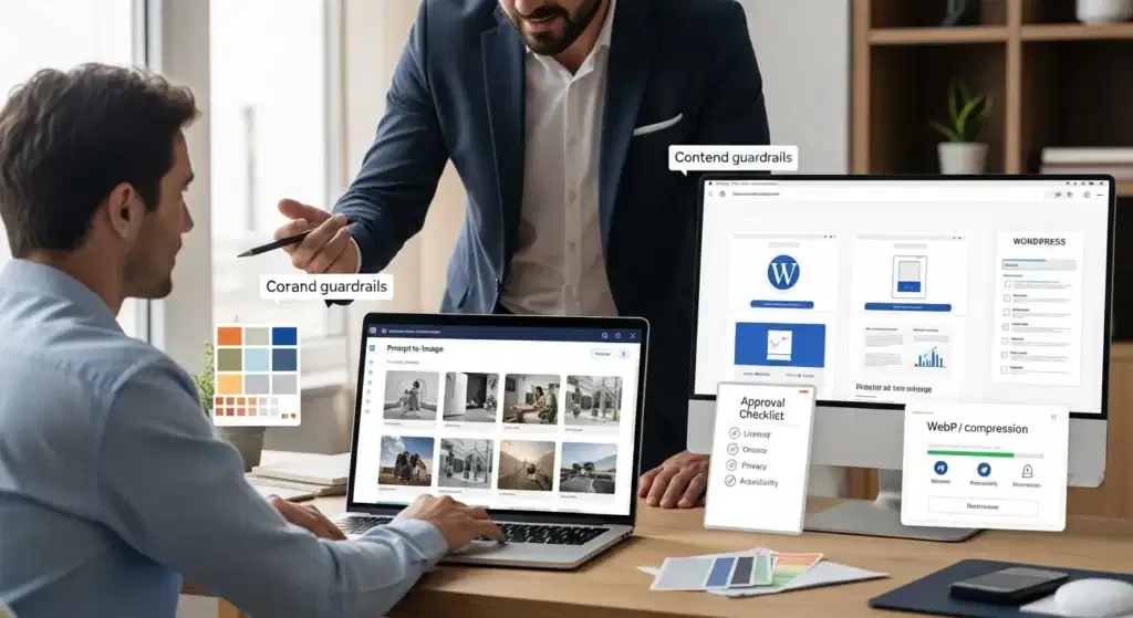 marketing team reviews ai generated website hero images on laptops in modern office