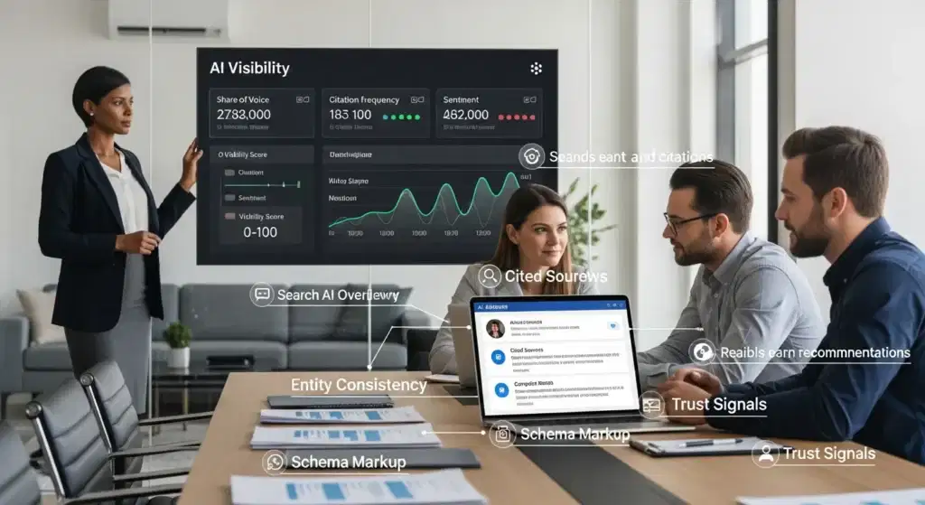 marketing team reviews ai visibility dashboard showing citations share of voice and sentiment
