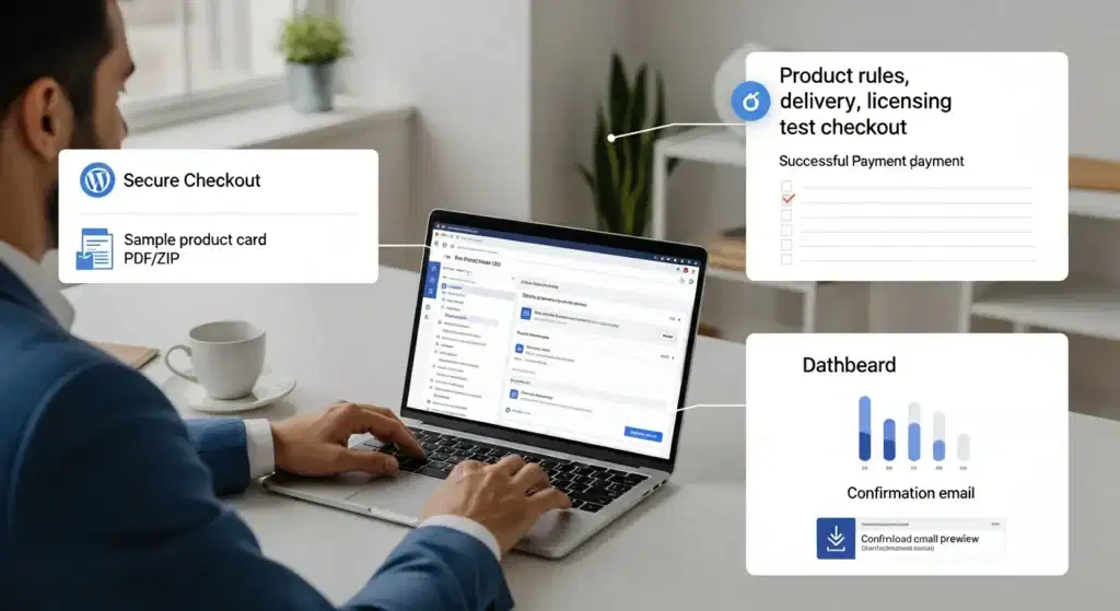 professional configuring easy digital downloads with stripe in wordpress on a laptop