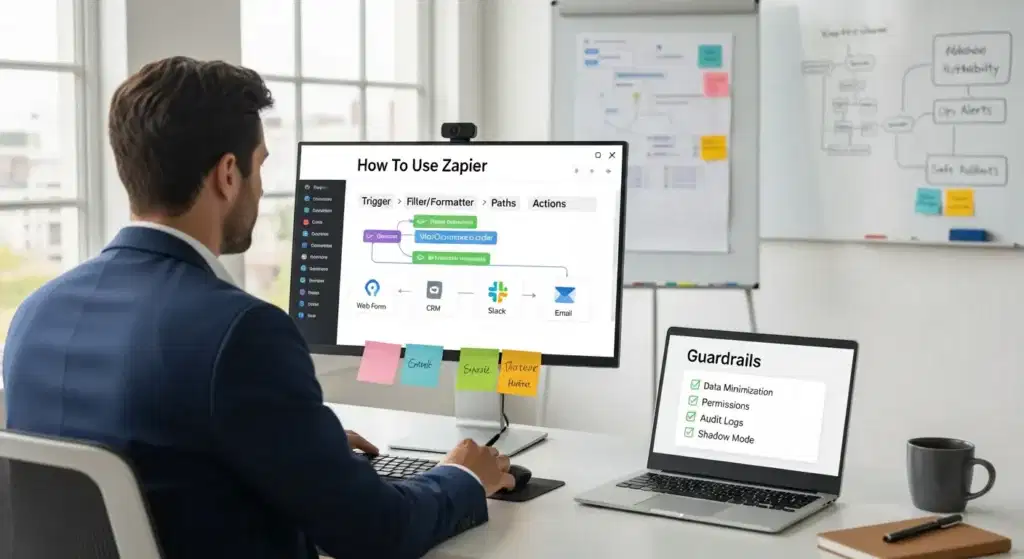 professional reviewing a zapier automation workflow diagram on a modern office monitor