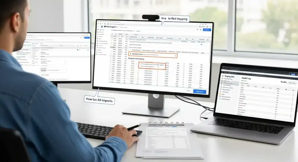 professional reviewing wp all import settings and csv data in a modern office
