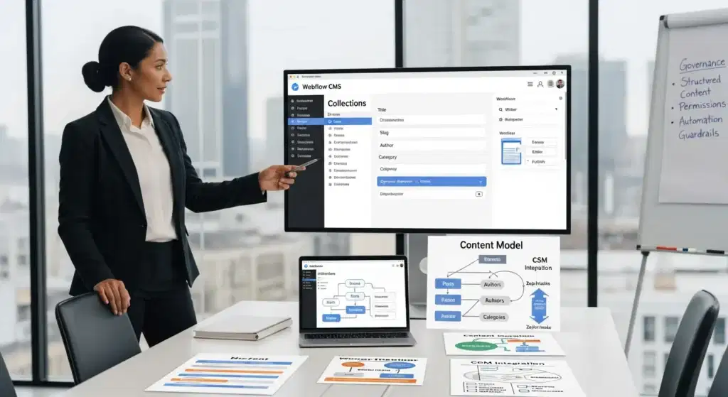 professional team reviewing webflow cms collections and publishing workflow in a modern office