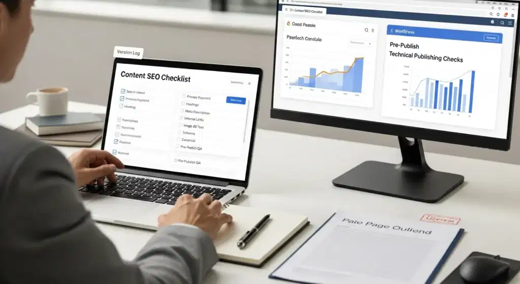 seo strategist reviewing a content seo checklist on laptop in modern office