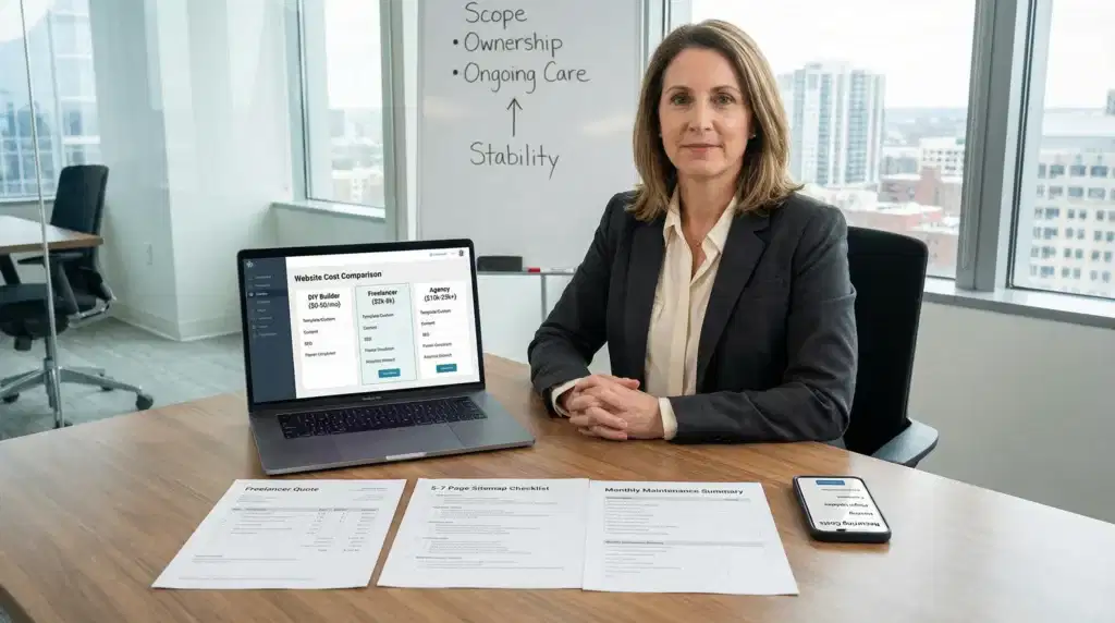 small business owner compares website build and maintenance costs on a laptop