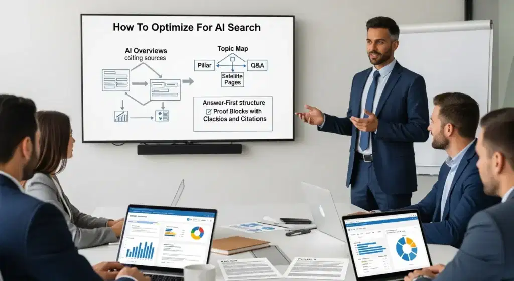 strategist presenting ai search optimization plan with wordpress structure and citations