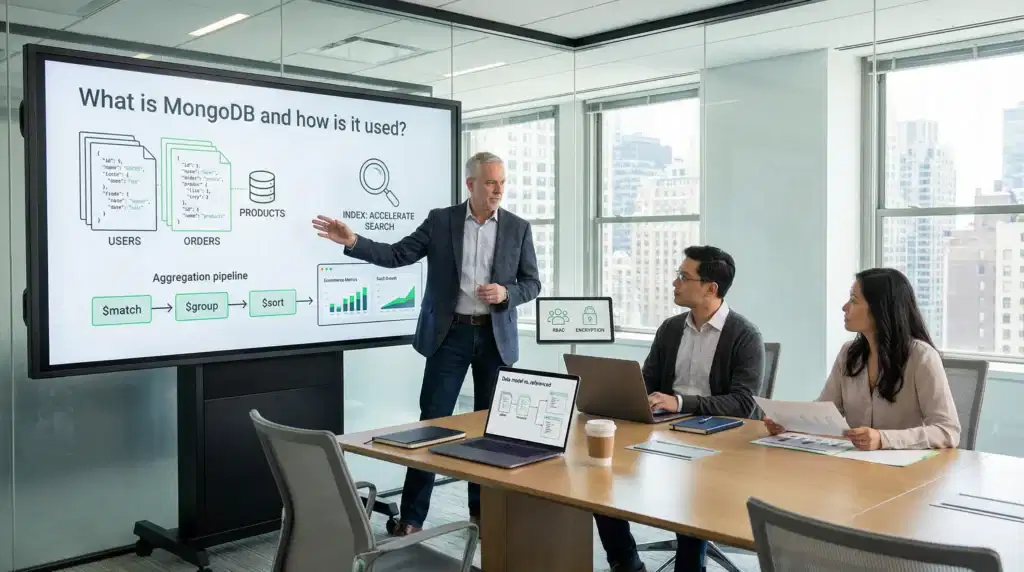 team in modern office reviewing mongodb documents indexes and analytics dashboard