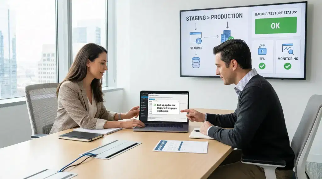team reviewing a wordpress maintenance checklist on a laptop in office