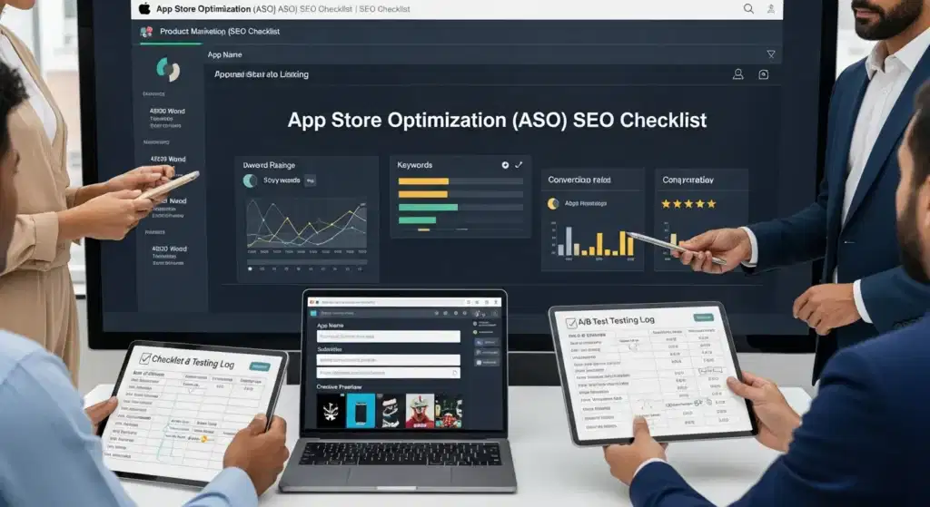 team reviewing an aso seo checklist and app listing metrics in office