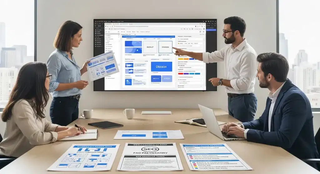 team reviewing figma designs and specs for a wordpress website handoff